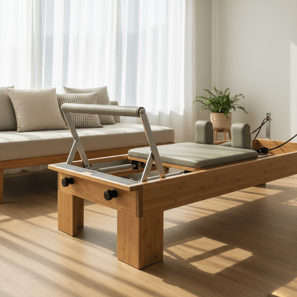 Home Pilates reformer with ivory and sage padding on a bamboo and steel base.