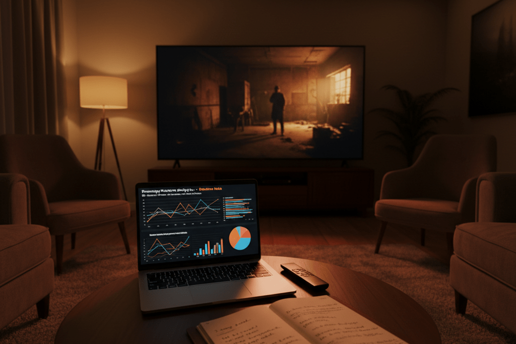 Wide shot of a living room setup with a smart TV, laptop analytics, and notebooks symbolizing sophisticated narrative strategies