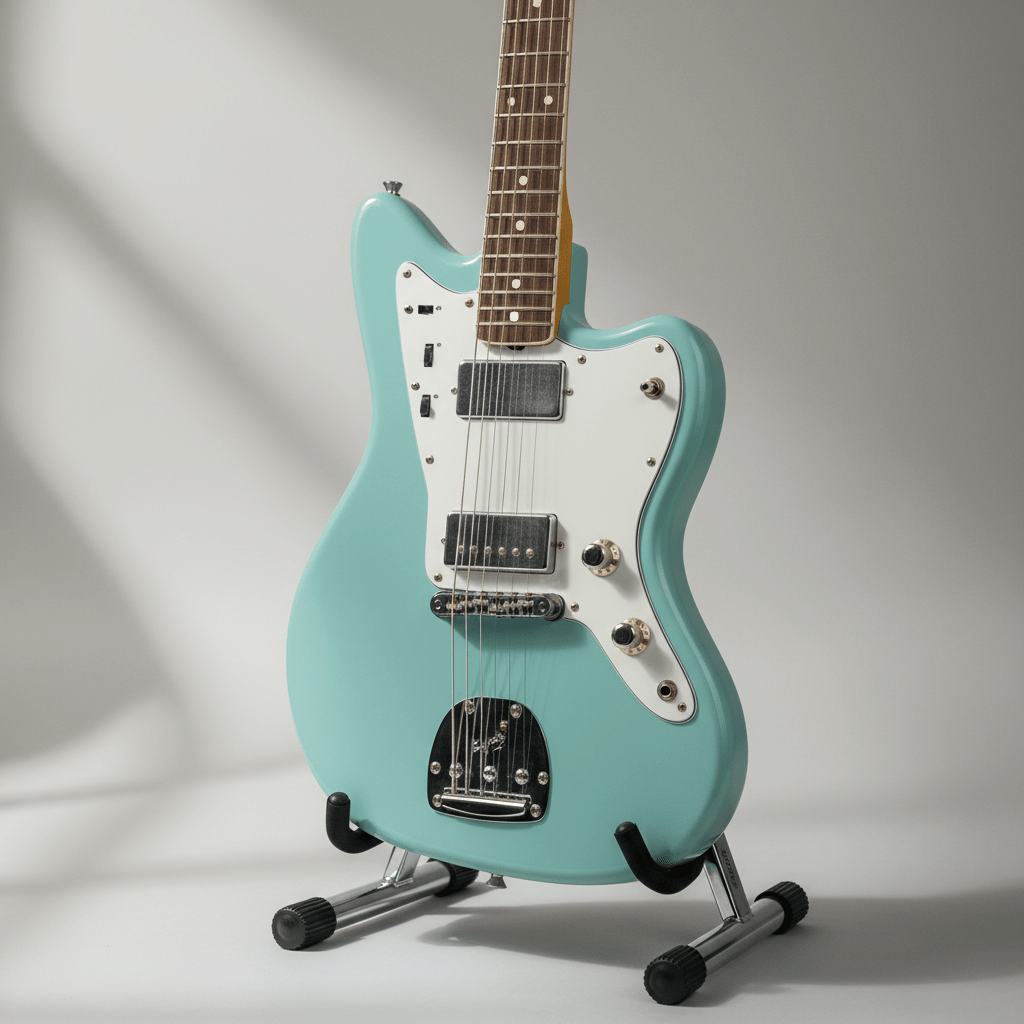 Retro baritone guitar in Daphne Blue with humbuckers and Bigsby vibrato, glossy finish.