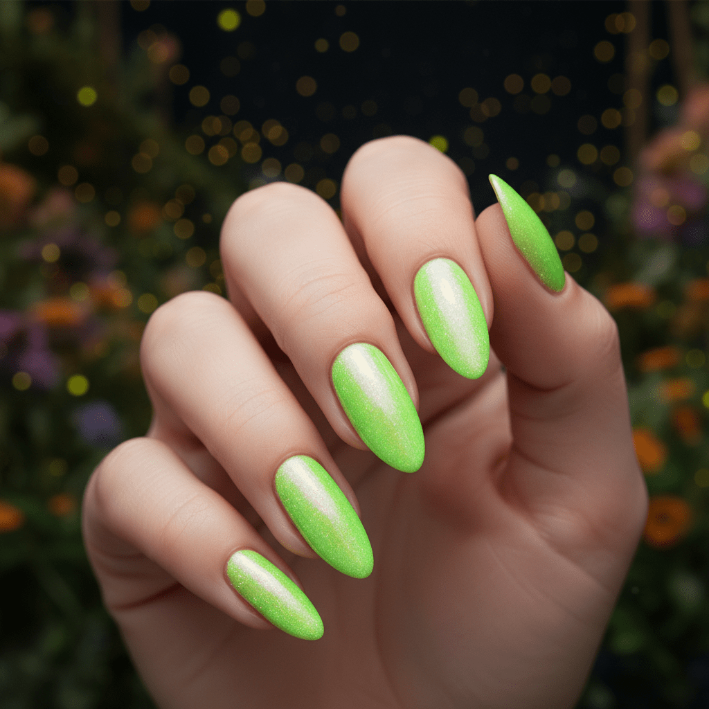Close-up of almond nails painted bio-luminescent green with pearlescent shimmer.