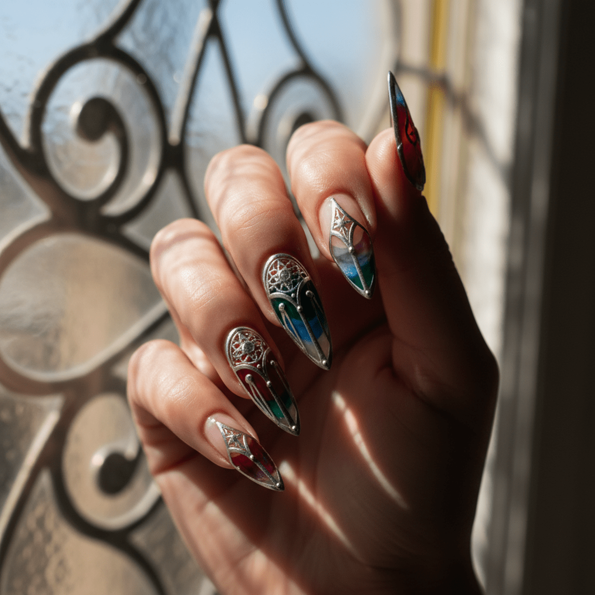Trendy almond nails with gothic arches, jewel tones, and stained glass motifs.
