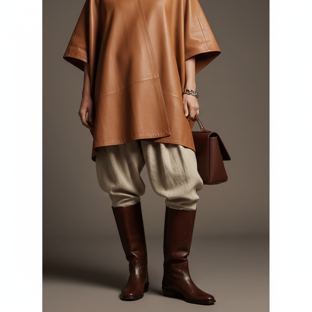 Refined rustic gaucho-inspired ensemble featuring a camel leather poncho and linen bombacha trousers.