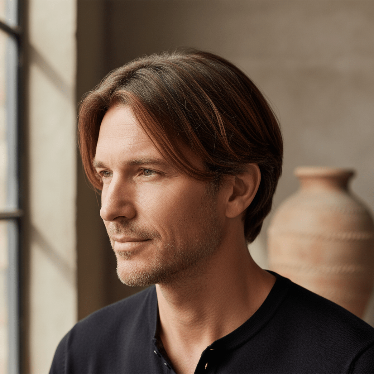 Man with natural brown hair gradually transitioning to chestnut tones, showing subtle multi-layered shades.