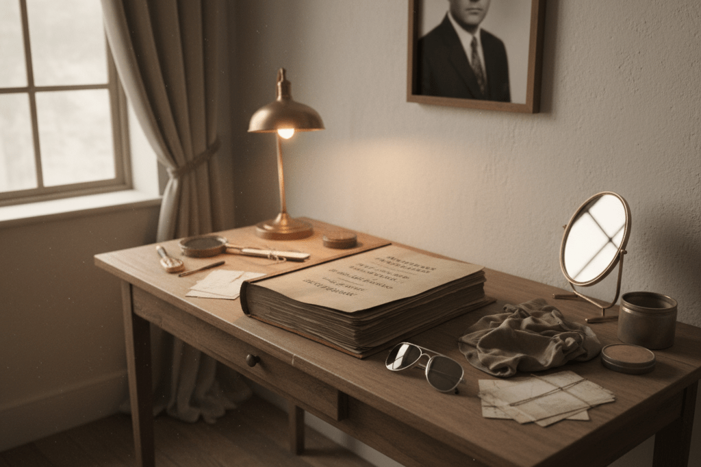 Vintage actor dressing room with script, sunglasses, and blurred headshot under natural light, symbolizing dedication to craft