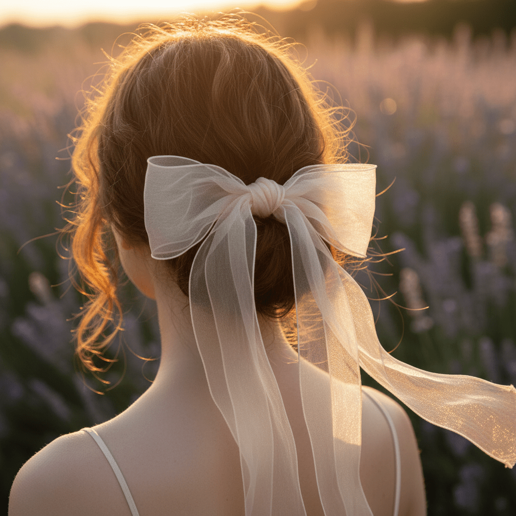 Ethereal champagne organza bows adorn a messy bun with flowing translucent ribbons.