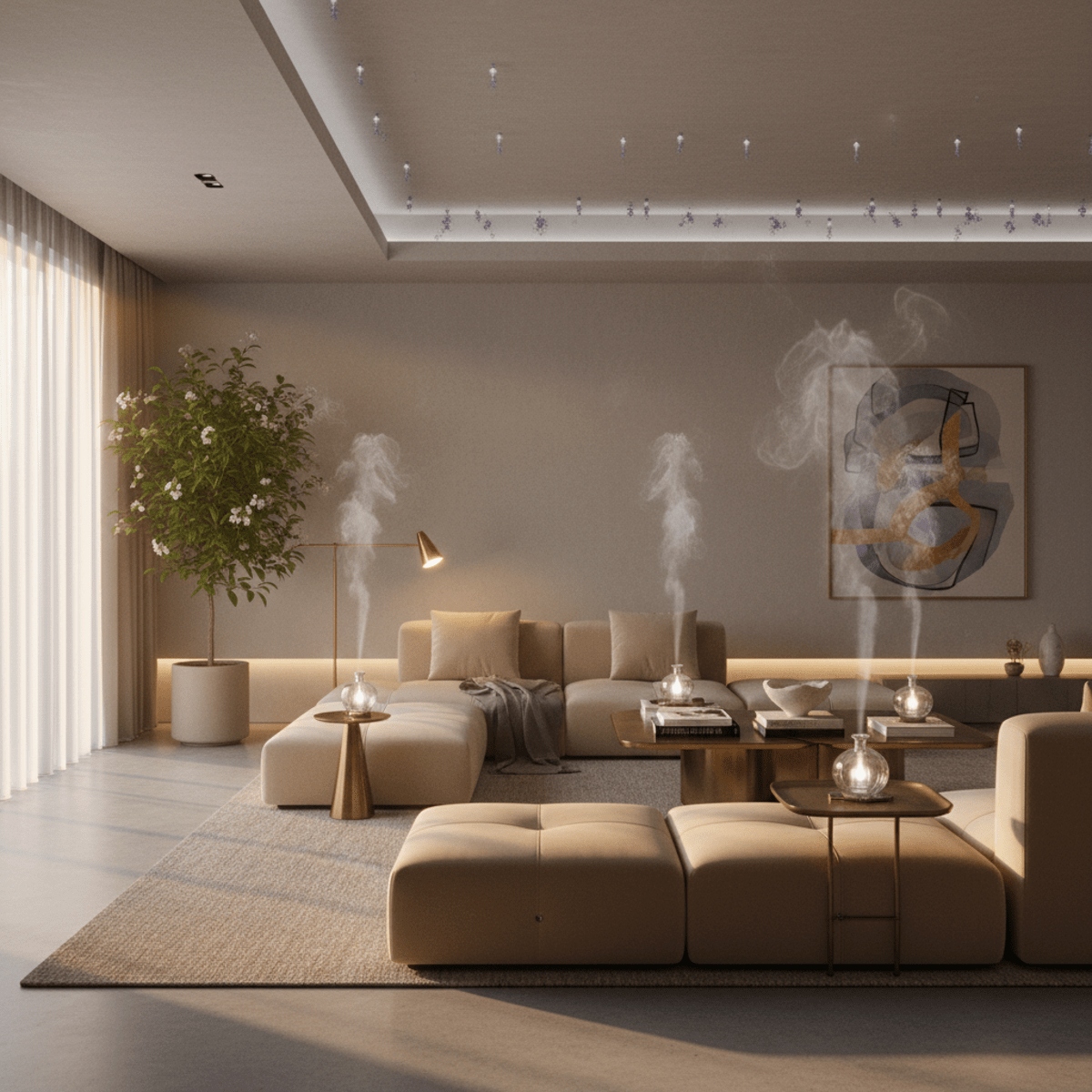 Contemporary living room with open concept, built-in scent system, and elegant aroma diffusers.