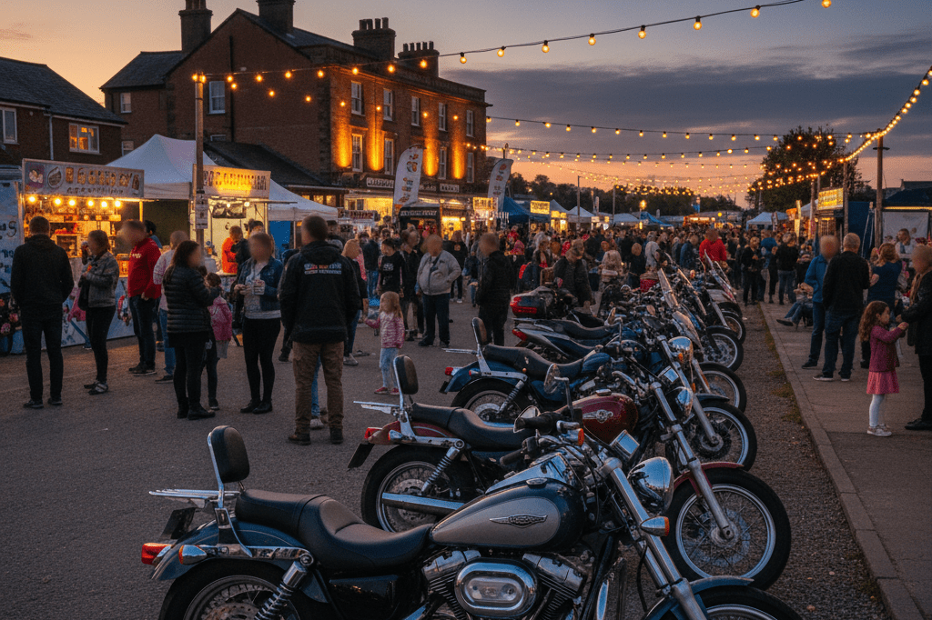 Wide-angle view of motorcycles and families at a vibrant charity event, emphasizing community engagement and warm ambient lighting