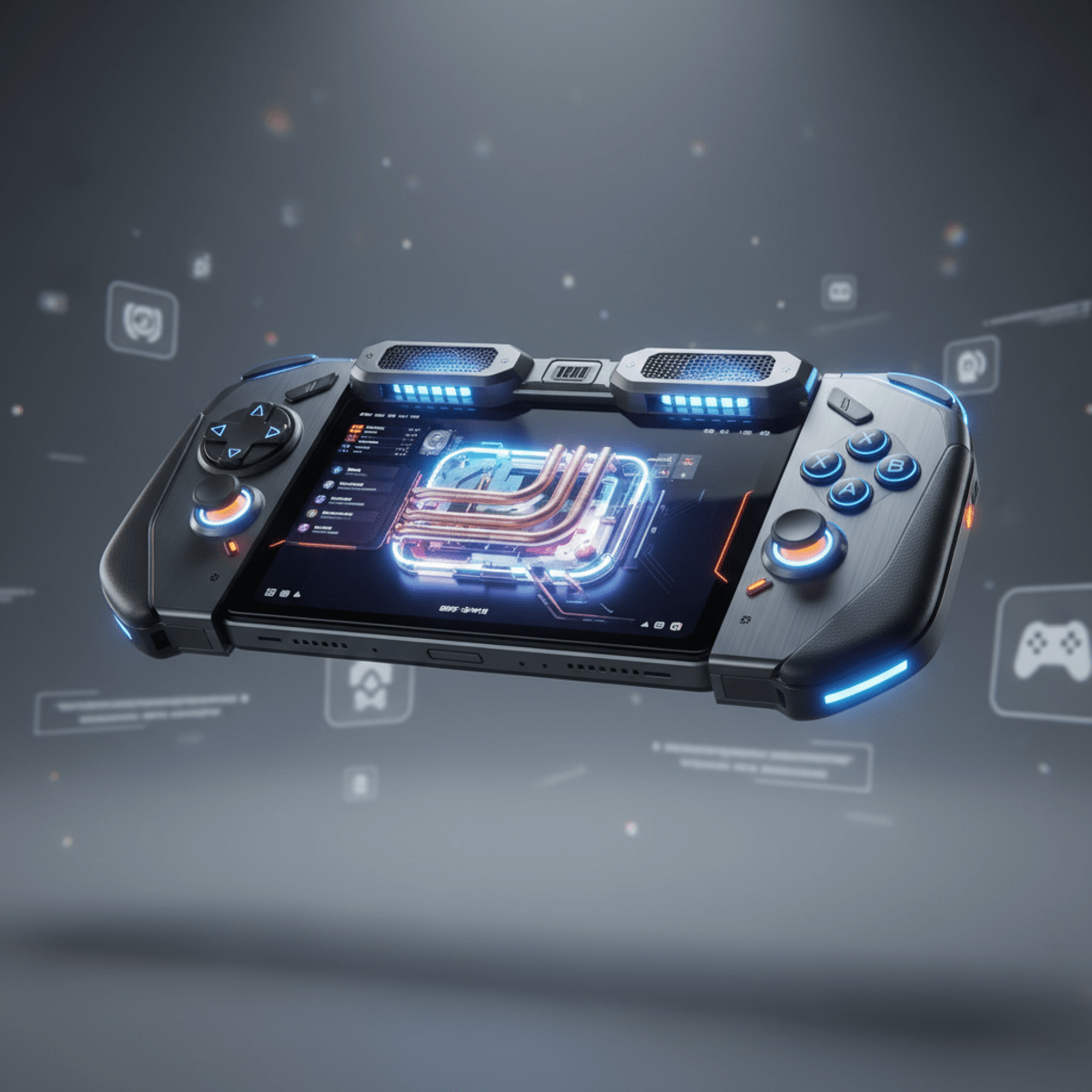 Futuristic slider phone transformed into a handheld gaming console with ergonomic grips and RGB vents.