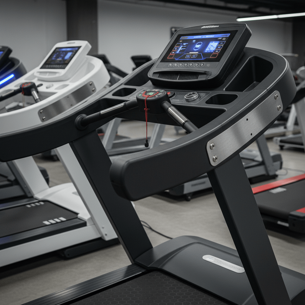 Close-up of a modular treadmill with a matte steel frame in a modern fitness space.