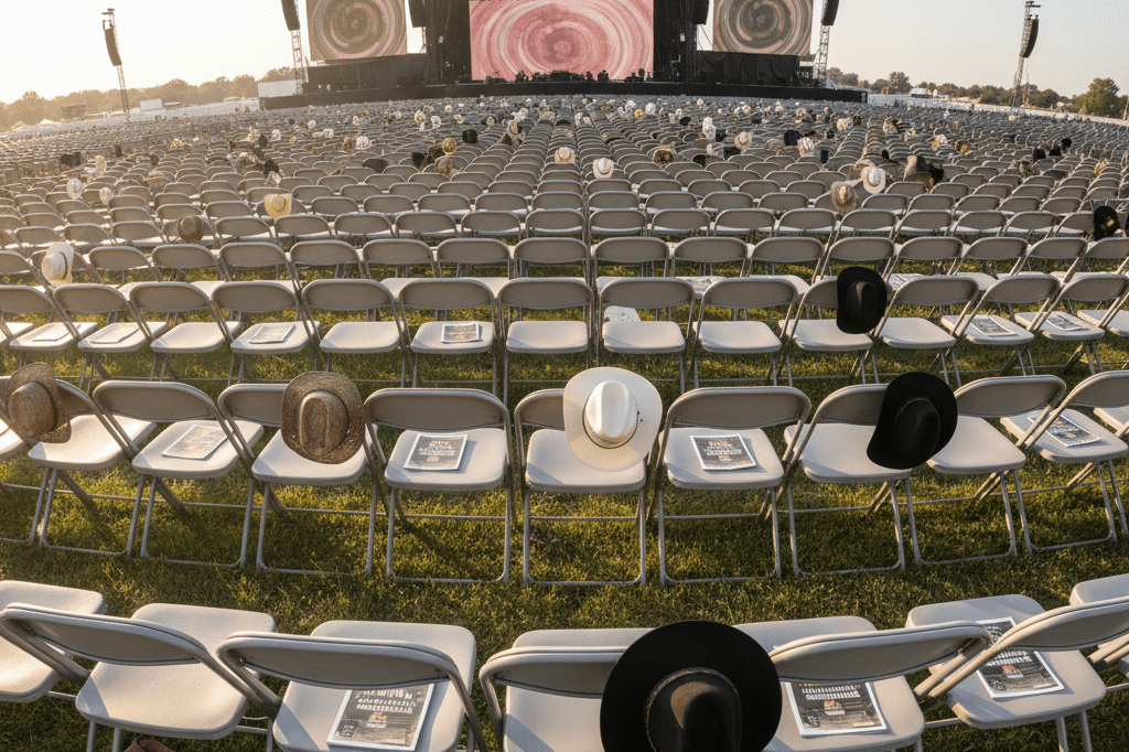 Empty outdoor venue with rows of seats and stage setup hinting at a large-scale event's logistical readiness