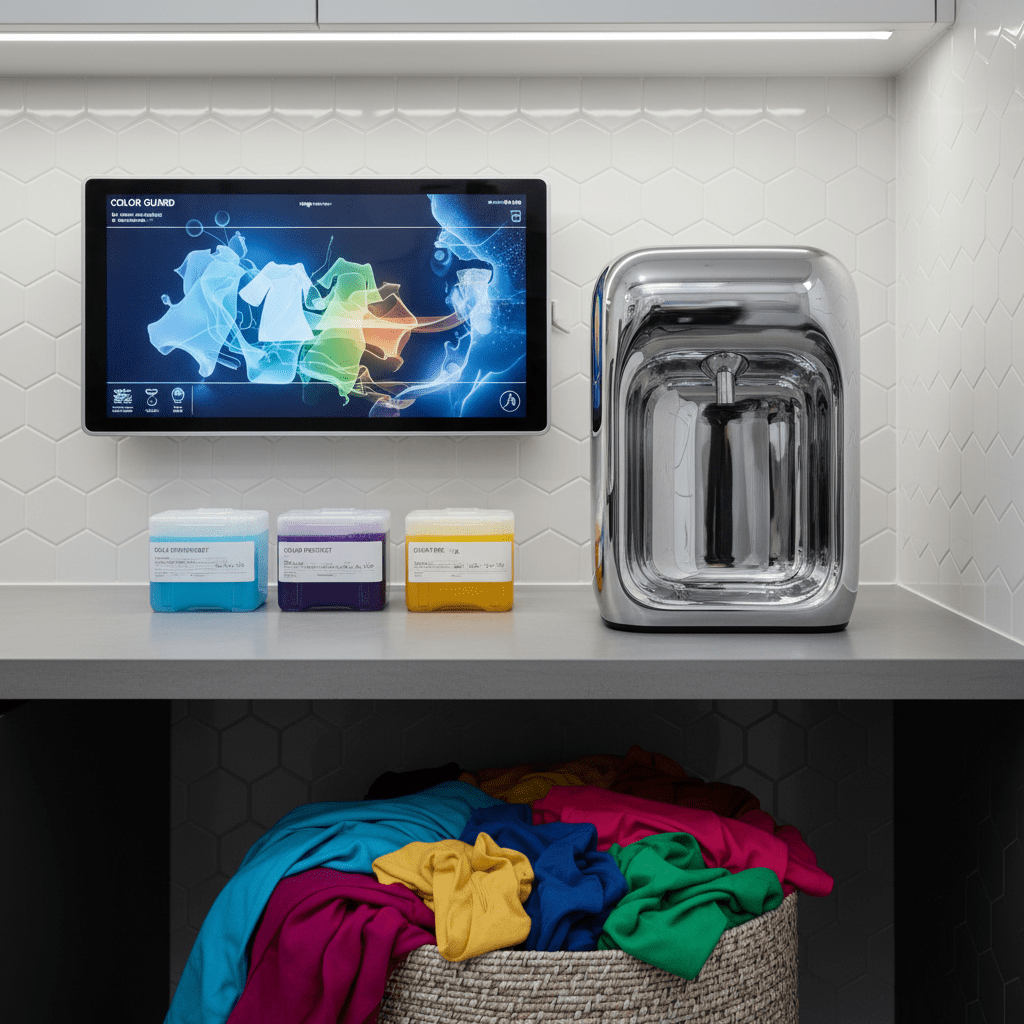 Futuristic laundry room with smart fabric care station for colored clothes.