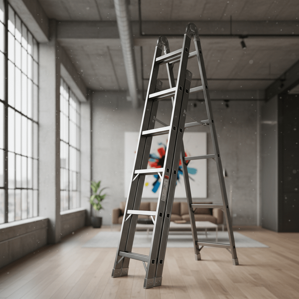 Industrial telescoping ladder extended in a modern loft with anodized aluminum sections.