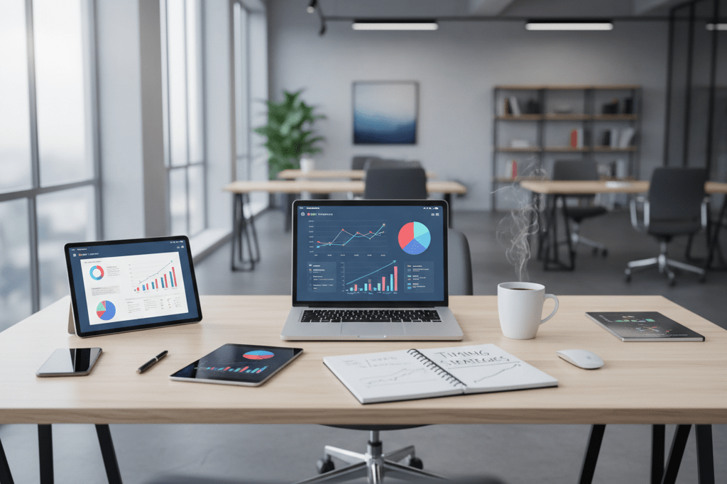 Office desk with laptops and analytics dashboards under natural light, highlighting strategic announcement planning