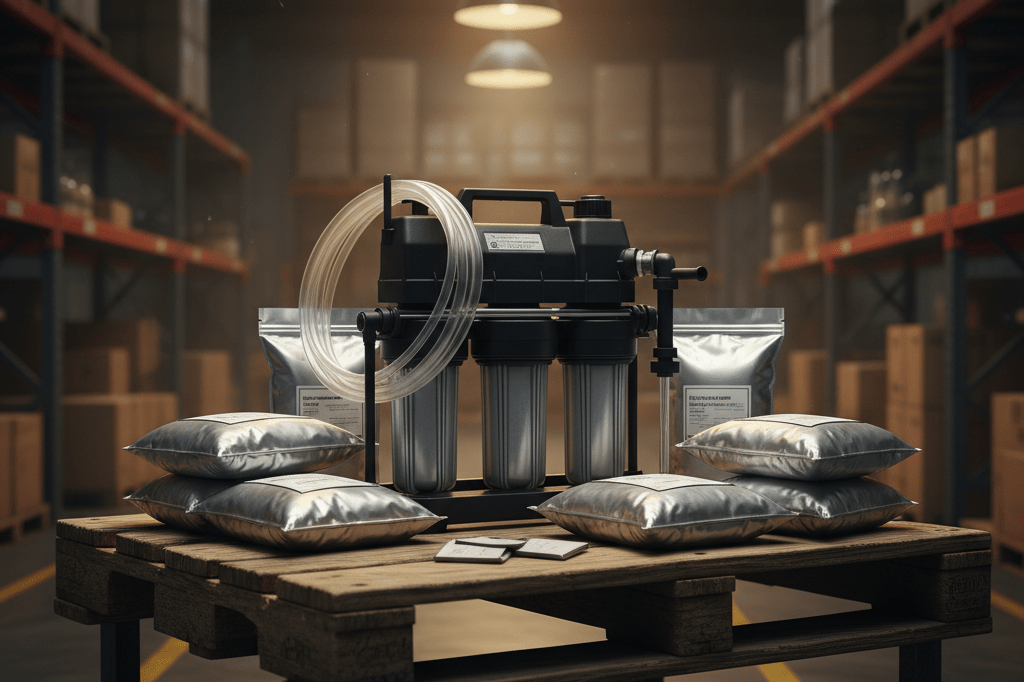 Water filter and food packs on table in warehouse under warm light showing crisis readiness