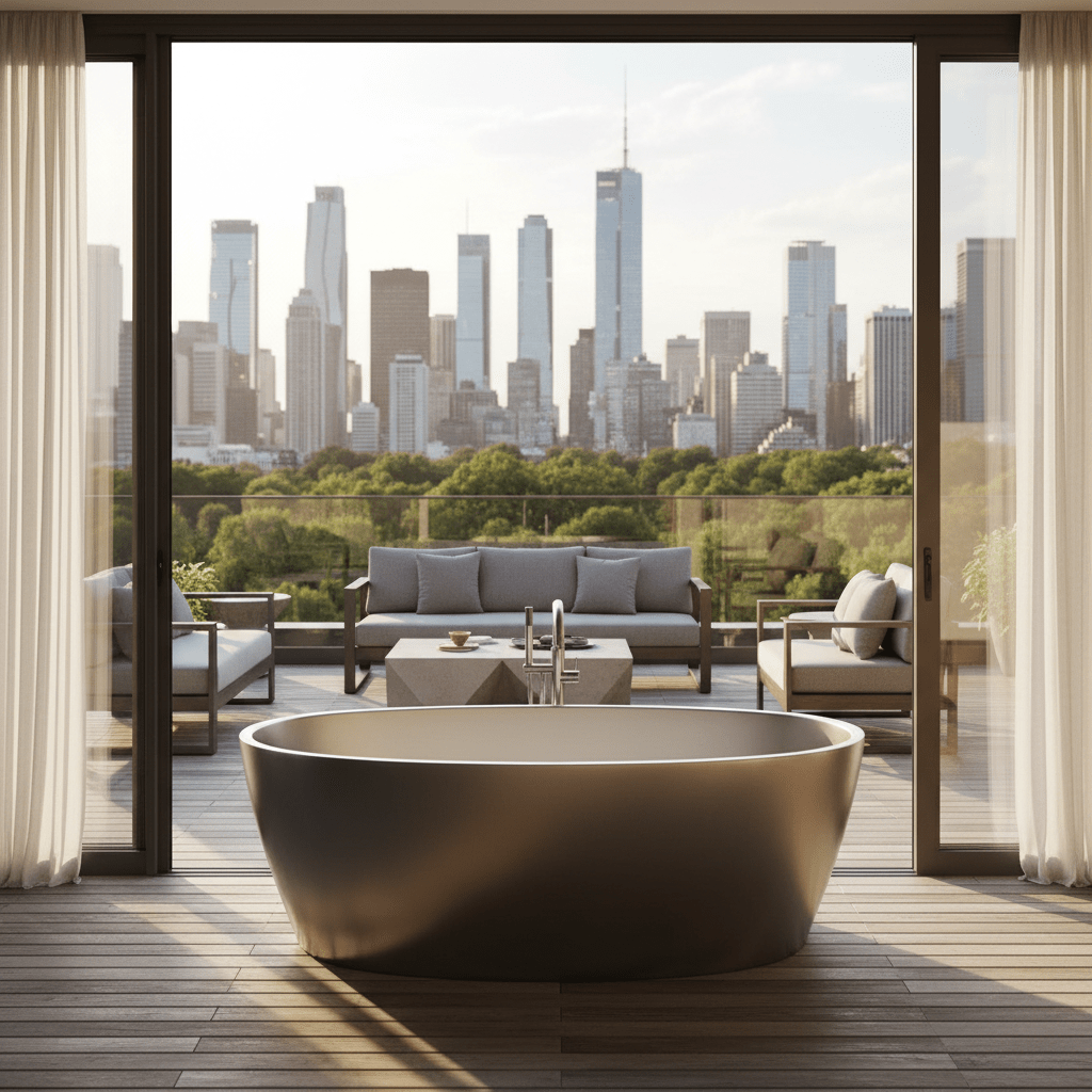 Contemporary stainless steel tub on wooden deck with city skyline views at golden hour.
