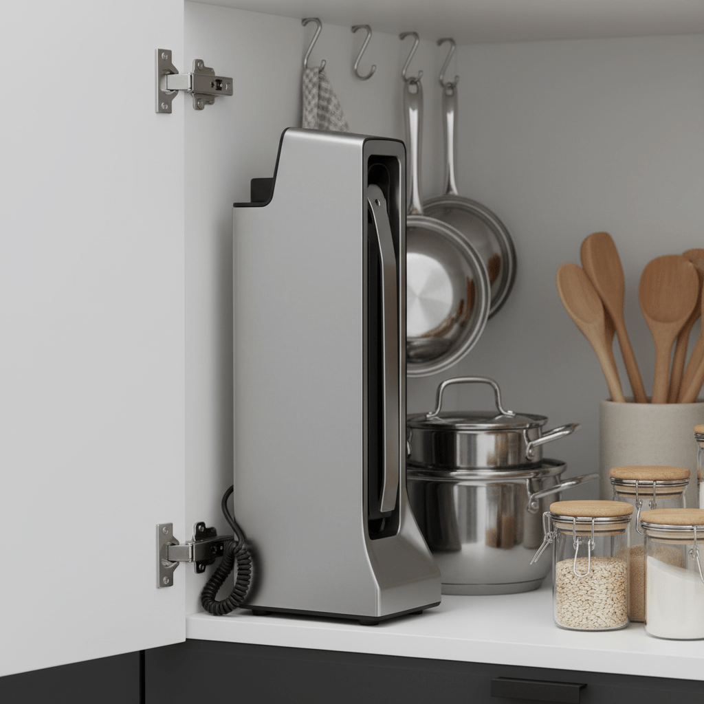 Compact pancake machine with matte metal finish stored in organized kitchen cabinet.