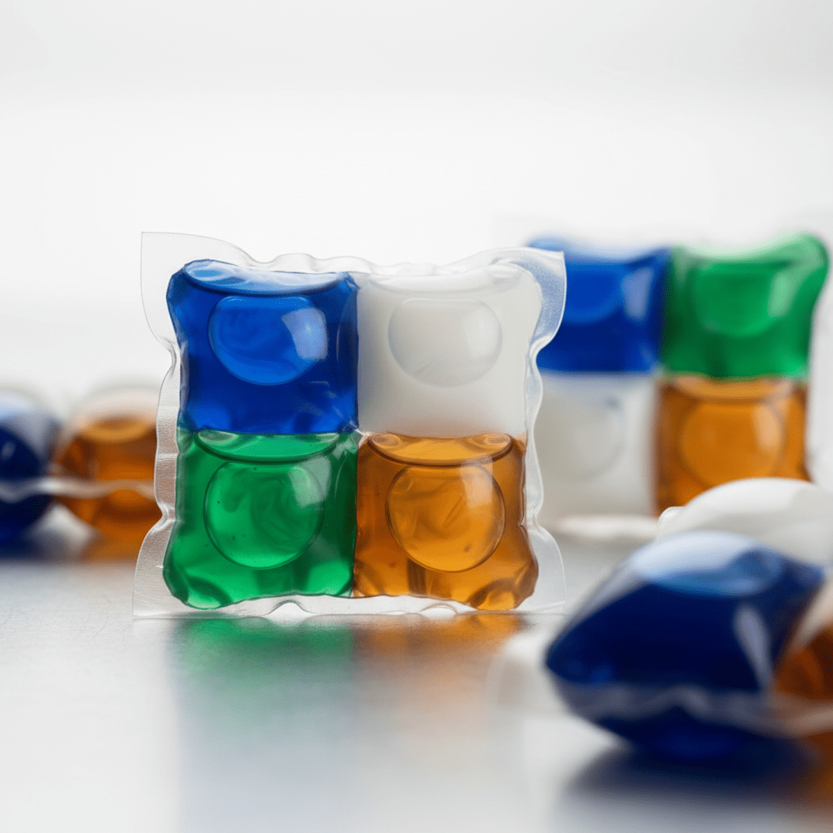 Macro shot of multi-chamber laundry pods with vibrant swirling colors and gel textures.