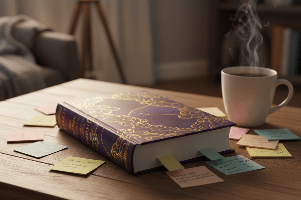 Hardcover fantasy book on wooden table with tea and notes under warm lamp light