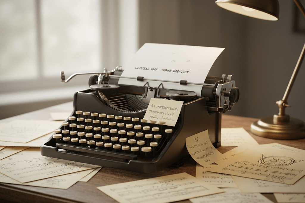 Vintage typewriter amid creative copyright challenges Close-up of a vintage typewriter with handwritten notes and music sheets under warm ambient light, representing struggles in creative industries over AI copyright issues