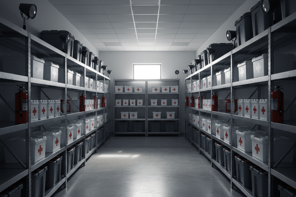 Shelves stocked with generic safety gear under ambient indoor lighting, emphasizing disaster preparedness
