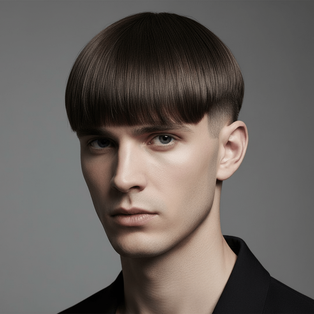 Male model with geometric fringe and textured sides in modern British mod style.