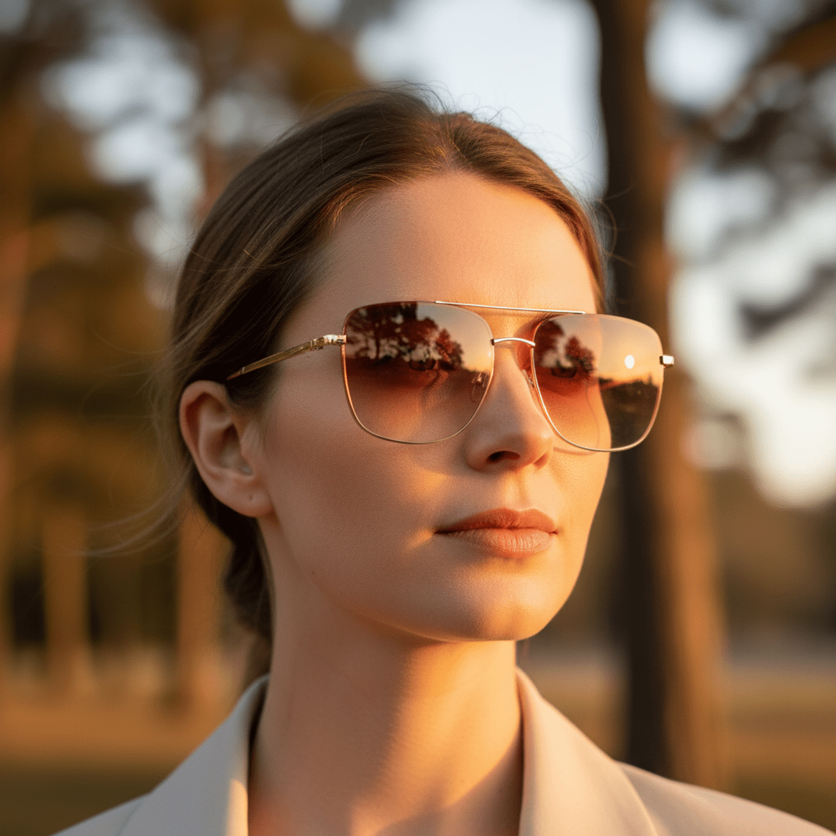Women wearing gradient earth-toned sunglasses with thin gold frames outdoors.