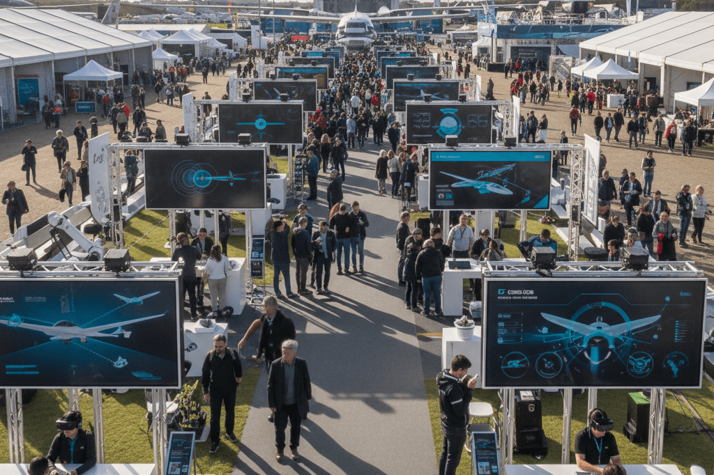 Wide shot of aviation technology displays and STEM exhibits at an air show under natural daylight