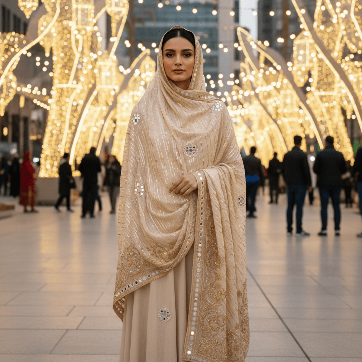 Elegant chiffon hijab with metallic thread and mirror details. Luxurious chiffon hijab with metallic thread embroidery and mirror embellishments.