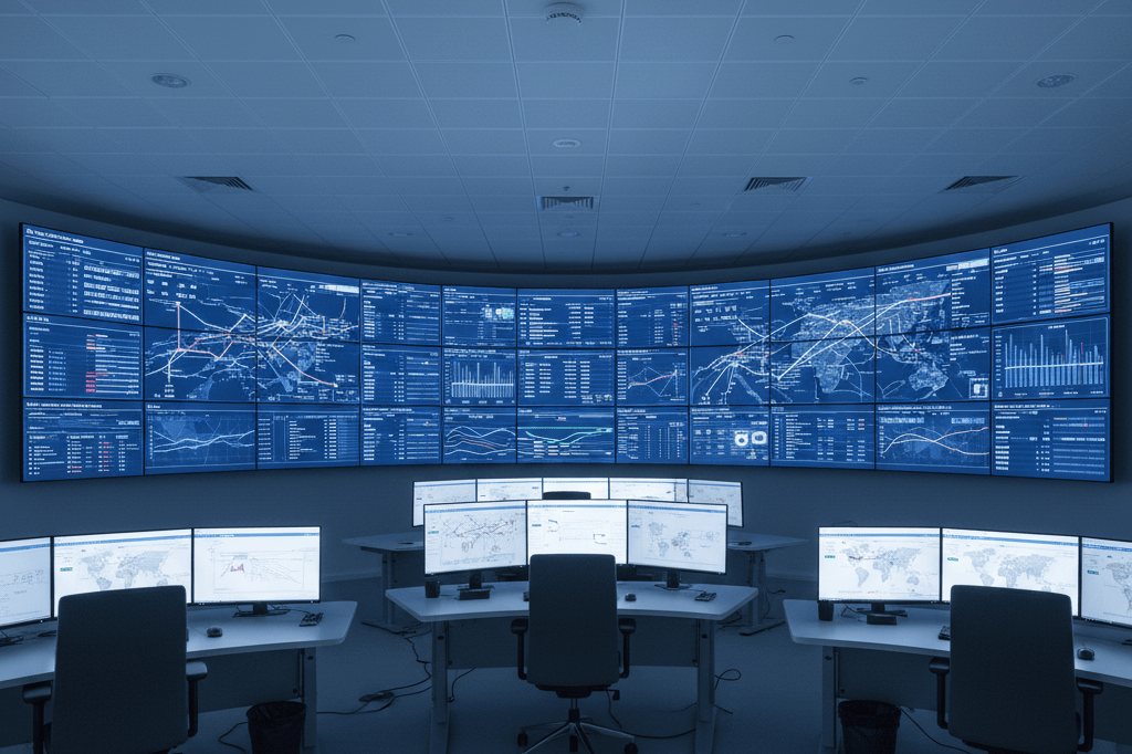 Wide shot of a high-tech logistics control room with real-time data screens and ambient lighting, symbolizing advanced supply chain solutions