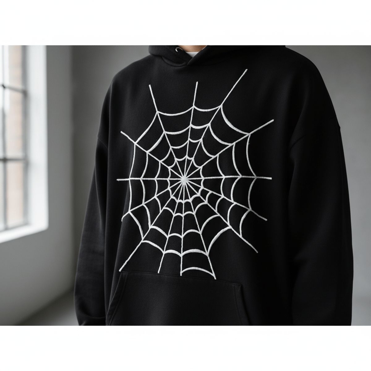Oversized cotton hoodie with a bold, raised 3D puff-printed spiderweb graphic.