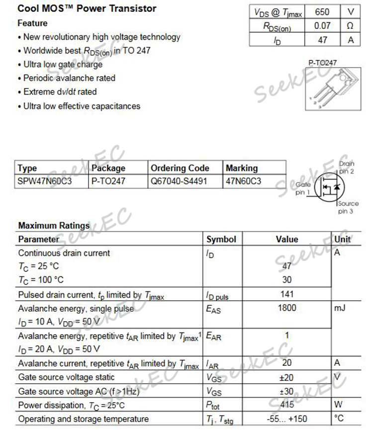 Transistor MOS SPW47N60C3 (47N60C3) - Format TO-247, Neuf En Emballage D'origine