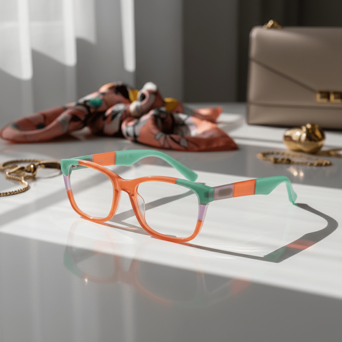 Trendy translucent acetate glasses in bright colors with light refractions.