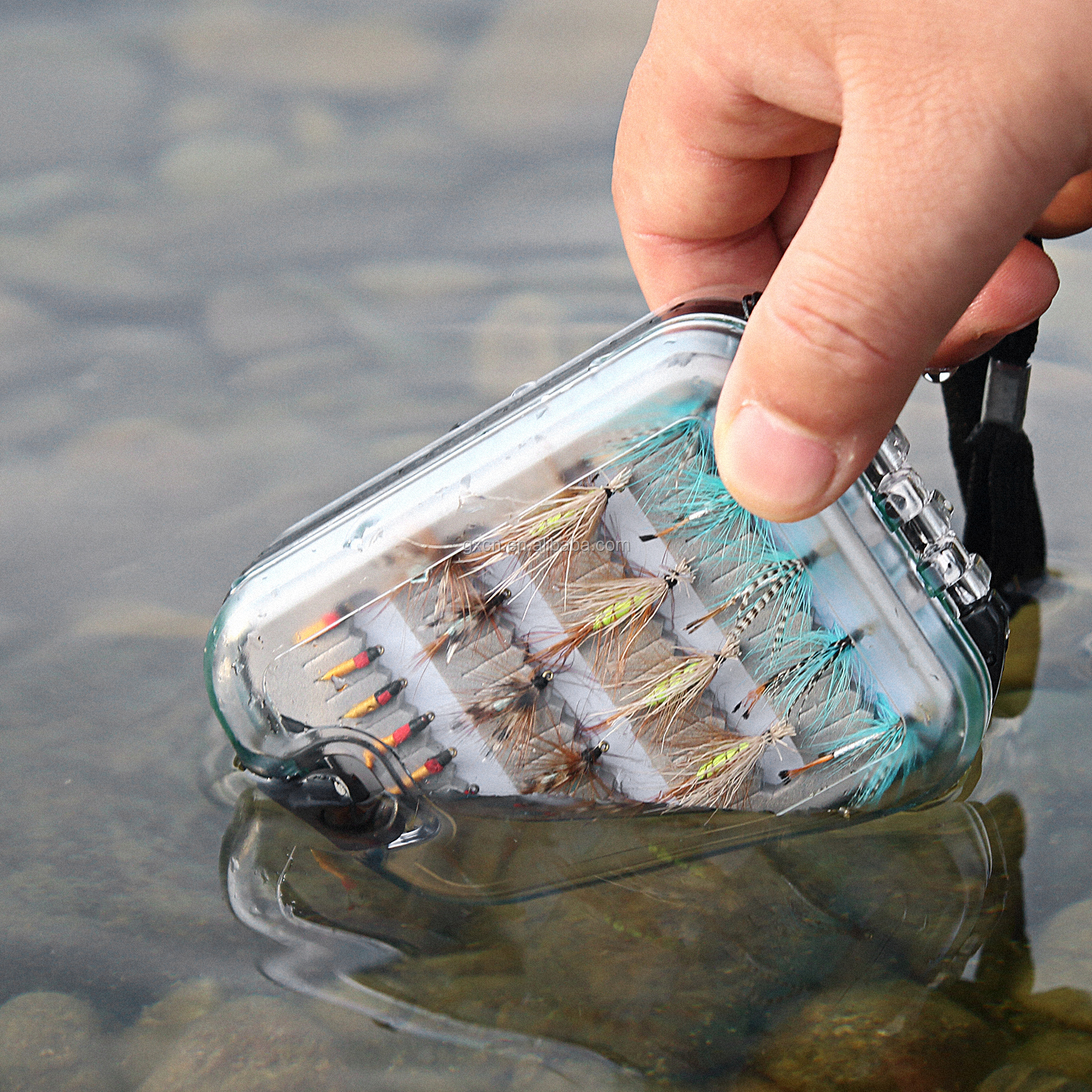 sf 塑料防水口袋飞钓鱼盒双面透明盖子易狭缝泡沫钓鱼盒小透明盒