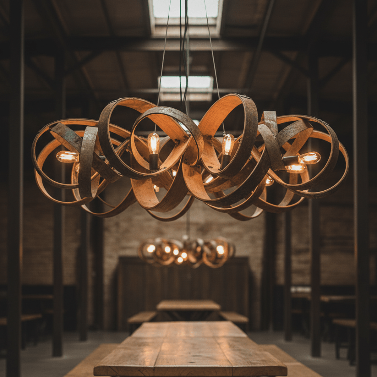 Curved wooden chandelier made from barrel staves hangs in a rustic dining space.