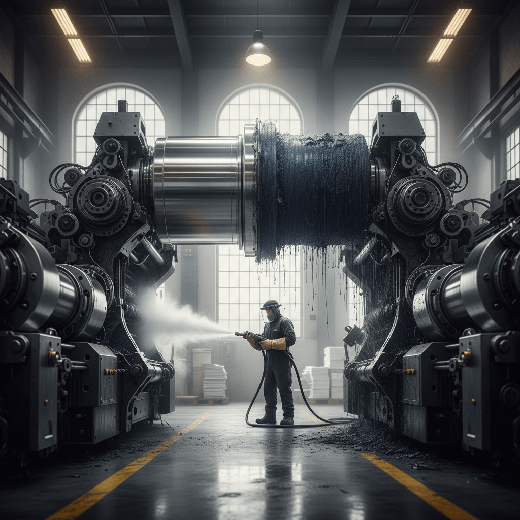 Technician dry ice blasting dirty printing cylinders, revealing gleaming clean surfaces.