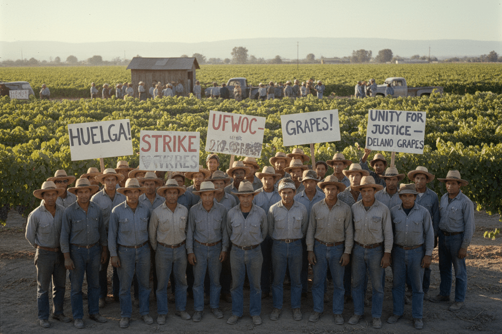 Wide shot of multi-ethnic farmworkers standing together amid picket signs in a sunlit grape field, symbolizing unity and activism