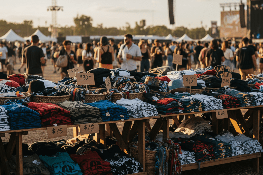 Colorful festival t-shirts stacked on wooden tables at an outdoor booth, highlighting retail opportunities