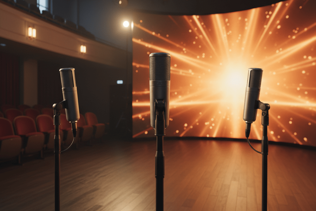 Stylish arrangement of microphones in a comedy studio setting lit by warm ambient lights, evoking trends in entertainment formats