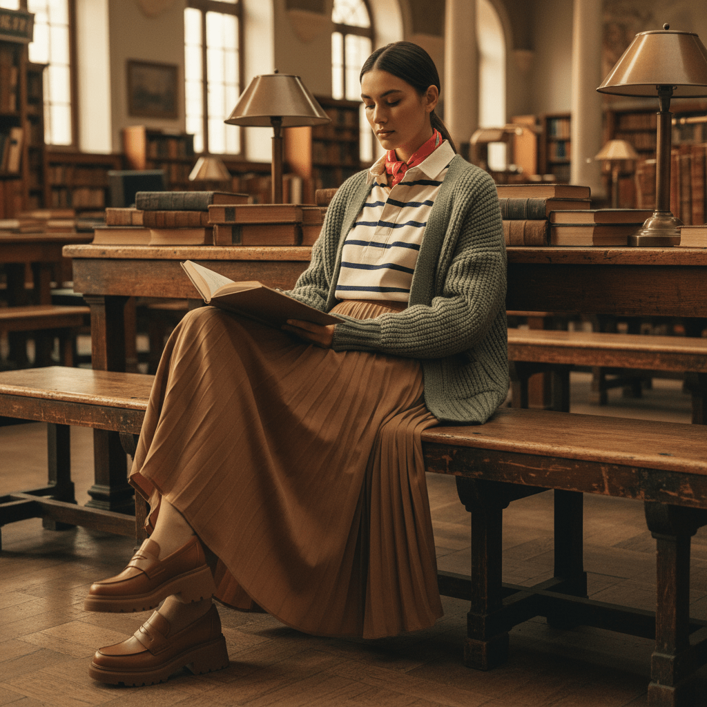 Model in layered casual outfit seated on a bench in an academic library.