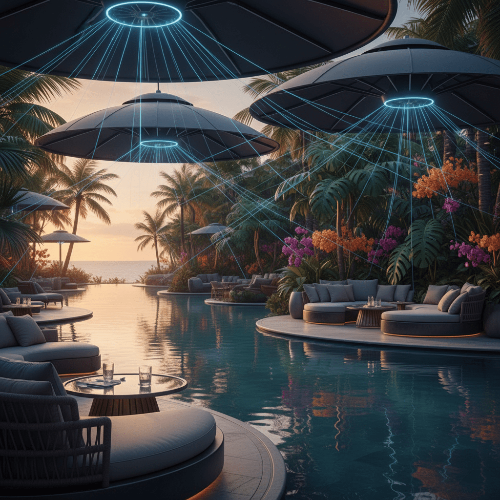 Futuristic resort poolside with laser bug zapper canopy High-tech resort poolside lounge with laser bug zapper canopy at dusk.