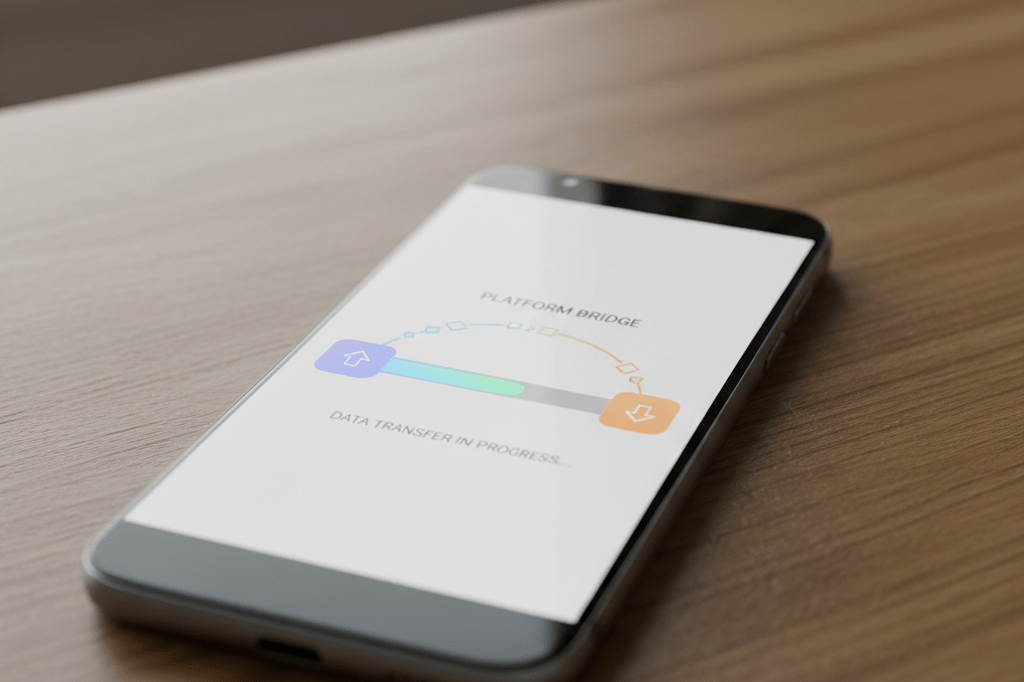Photorealistic close-up of a smartphone showing a generic data migration interface under natural light