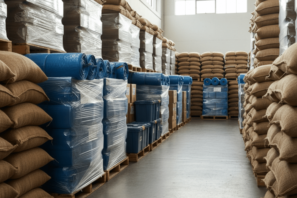 Strategic emergency inventory ready for severe weather response Warehouse aisle stocked with sandbags and flood gear under natural light, symbolizing proactive retail disaster readiness