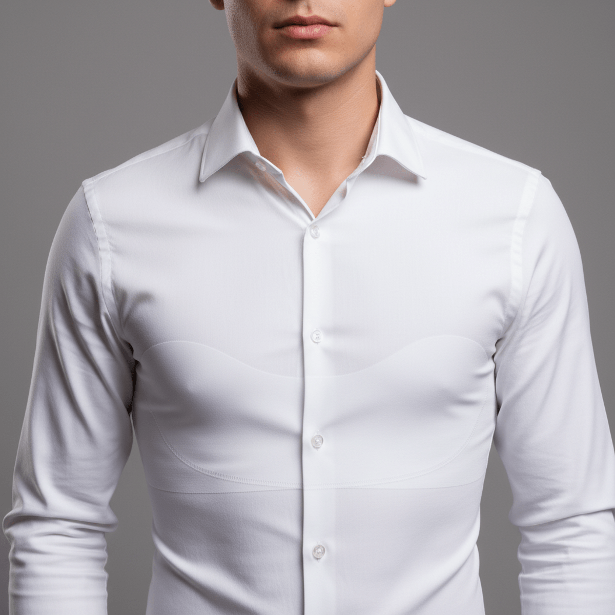 Male model wearing seamless body shaper under a dress shirt, achieving a smooth silhouette.