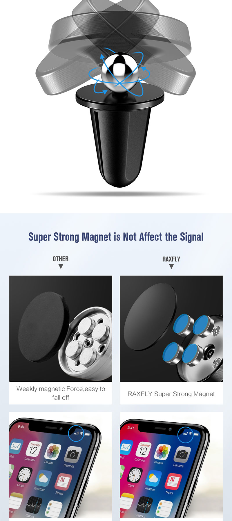 EONLINE 360 Supporto magnetico per telefono con presa d'aria Supporto per telefono magnetico per auto con supporto universale per navigazione GPS per auto