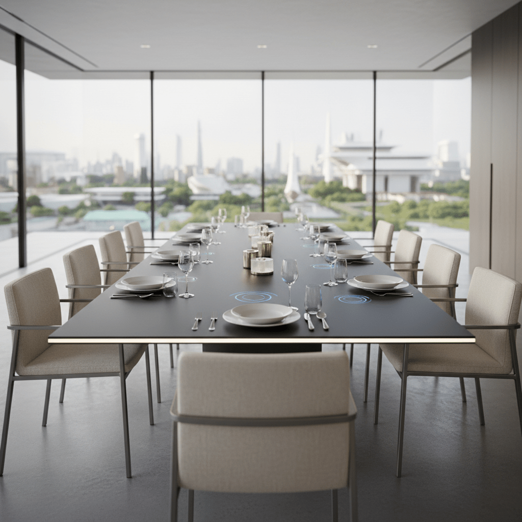 Luxurious 2026 dining table with integrated charging and mood lighting. Sleek minimalist dining table with ambient LED lighting and modern chairs.