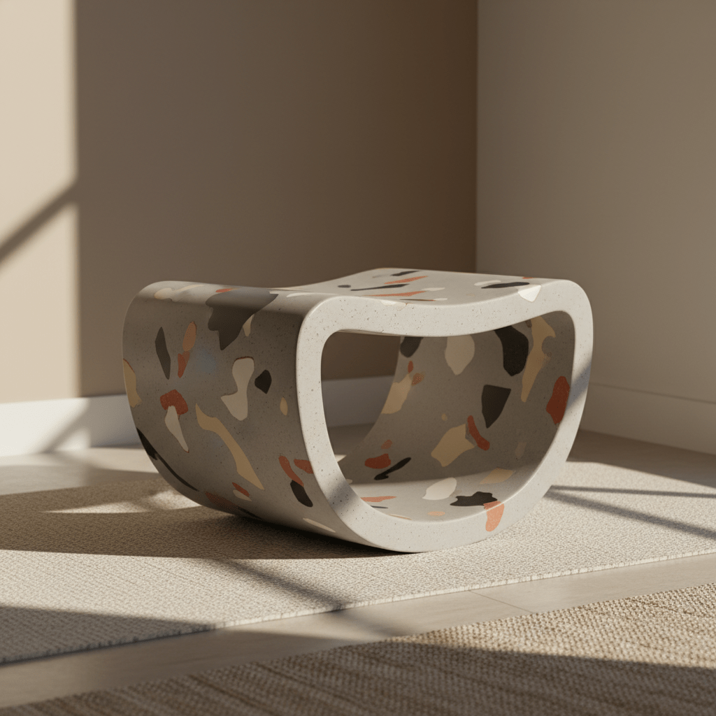 Artistic wobble stool crafted from polished concrete with recycled composite accents.