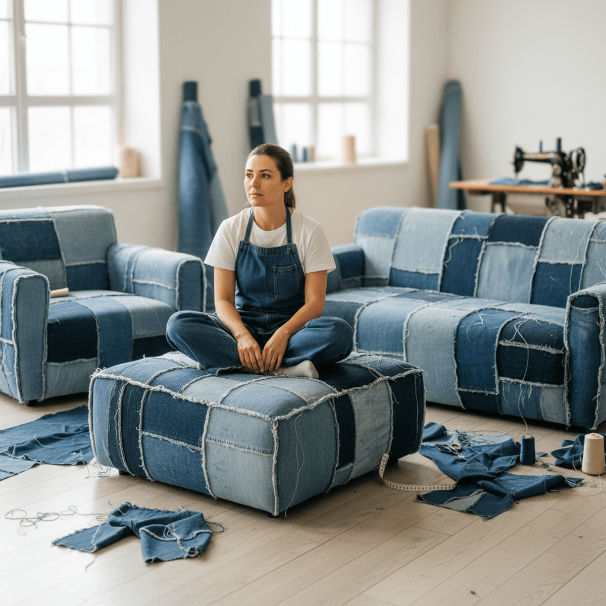 Textile artist in studio with large patchwork furniture made from upcycled denim.