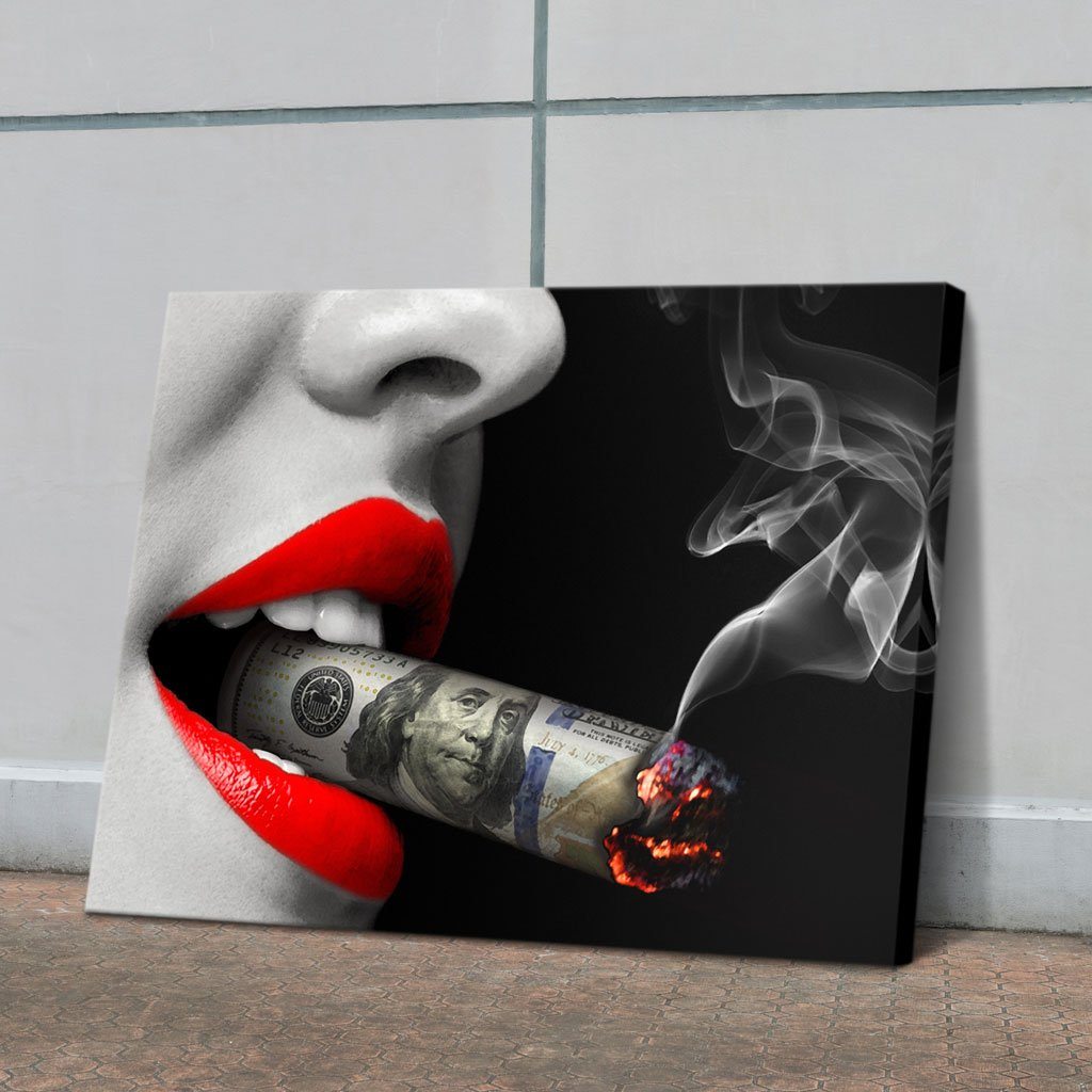 Fashion Modern Sexy Women Red Lips Smoking Cigar Money Decor Painting for Bed Living Room Factory Custom