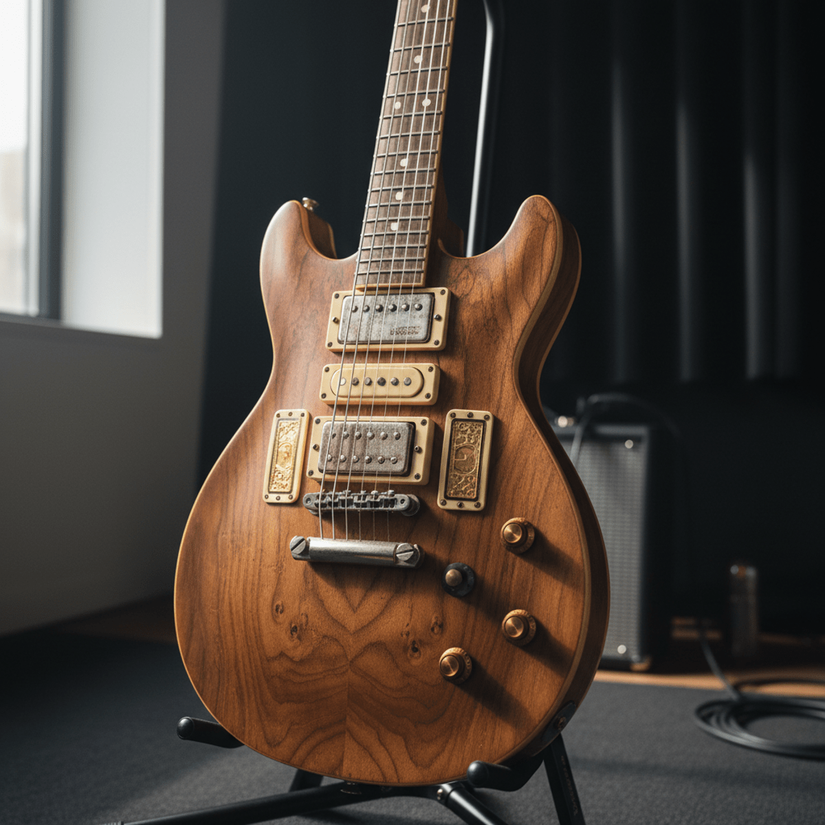 Baritone guitar with aged P-90s, humbuckers, and gold foil pickups in a studio.