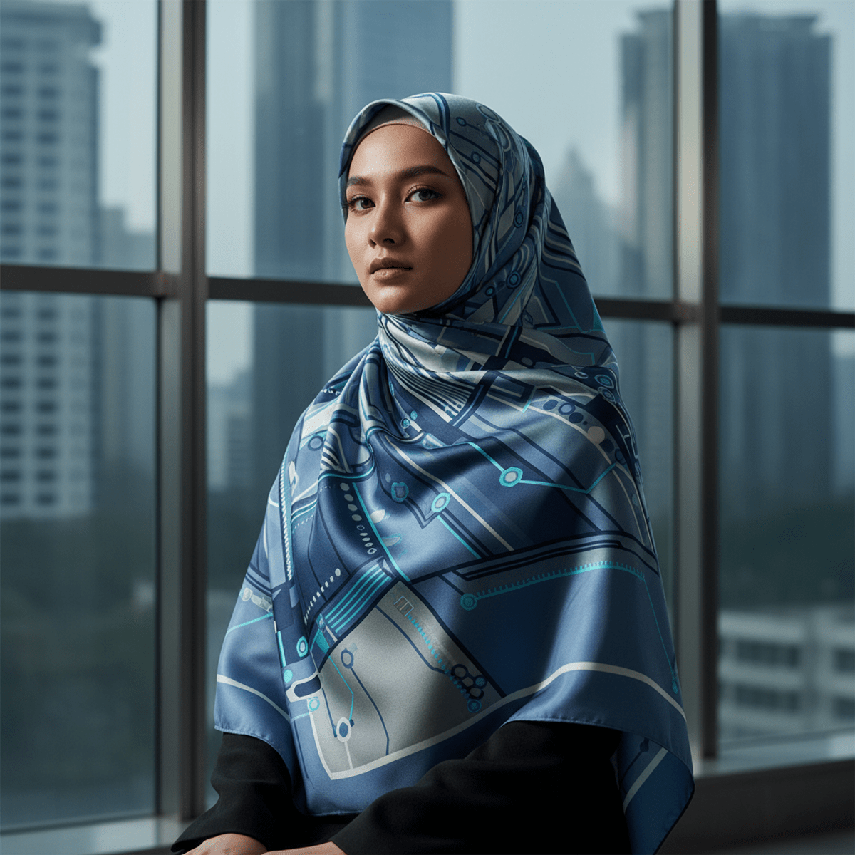 Futuristic abstract digital pattern silk hijab Woman wearing a lustrous abstract digital pattern silk hijab with futuristic motifs.
